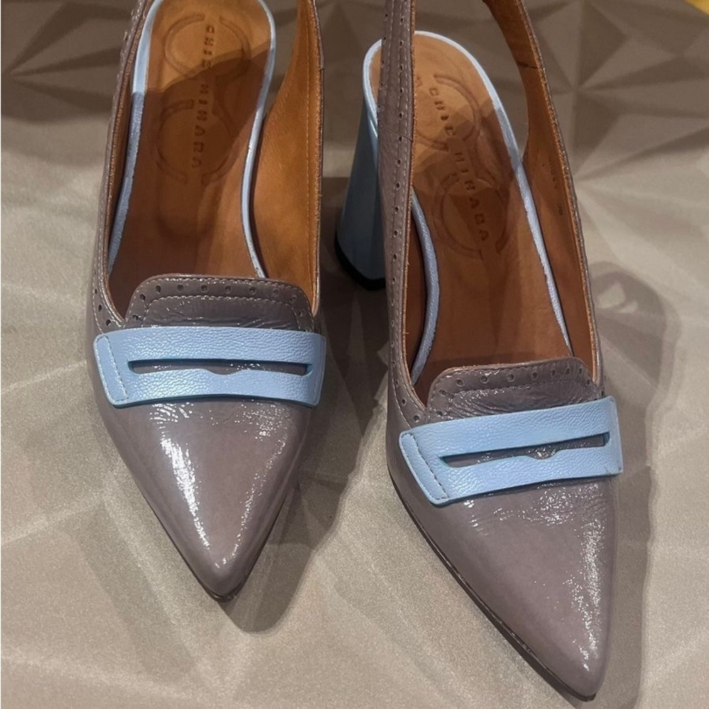 Chie Mihara Patent Leather Slingback Heels EU 36 Made in Spain Taupe & Blue NWT - Picture 7 of 9